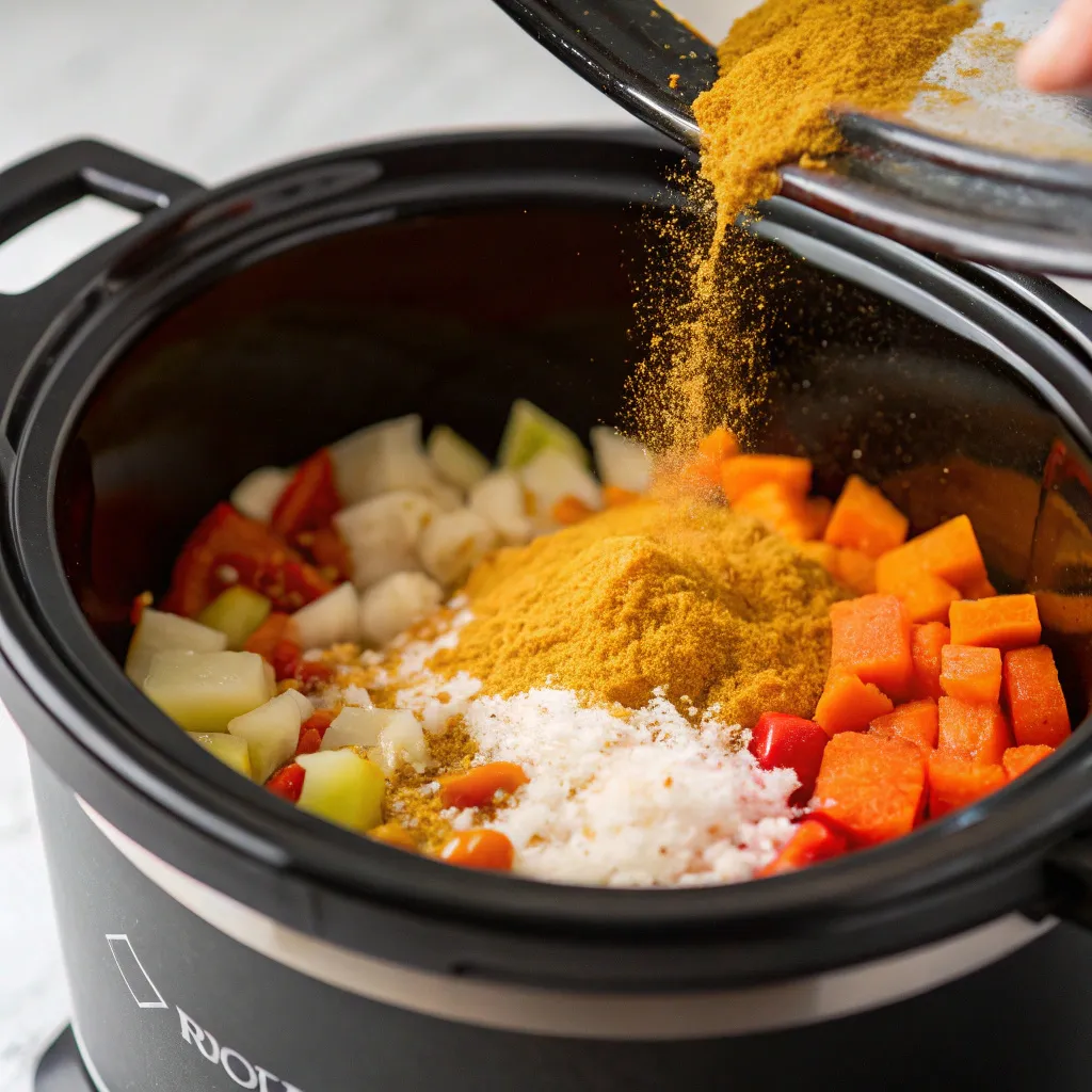 Step-by-Step Instructions for Slow-Cooked Vegetable Curry : Add Ingredients to the Slow Cooker
