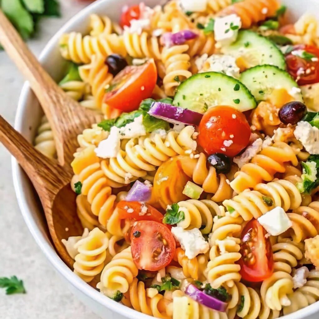 Colorful bowl of easy pasta salad with fresh vegetables, crumbled feta cheese, and Italian dressing, served on a wooden table.
