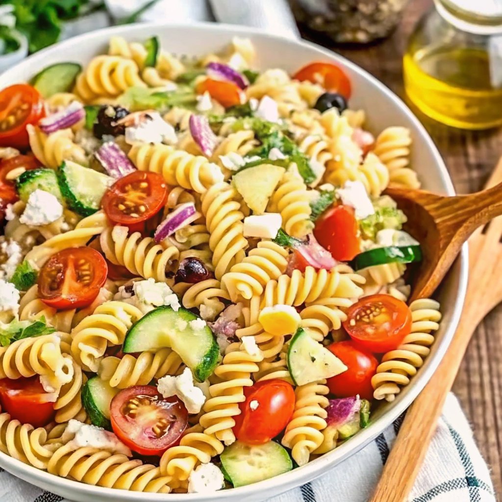 Colorful bowl of easy pasta salad with fresh vegetables, crumbled feta cheese, and Italian dressing, served on a wooden table.